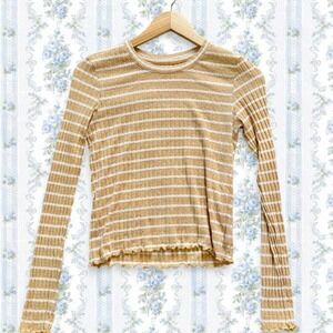 American Eagle Striped Lettuce Hem Long Sleeve Striped Top